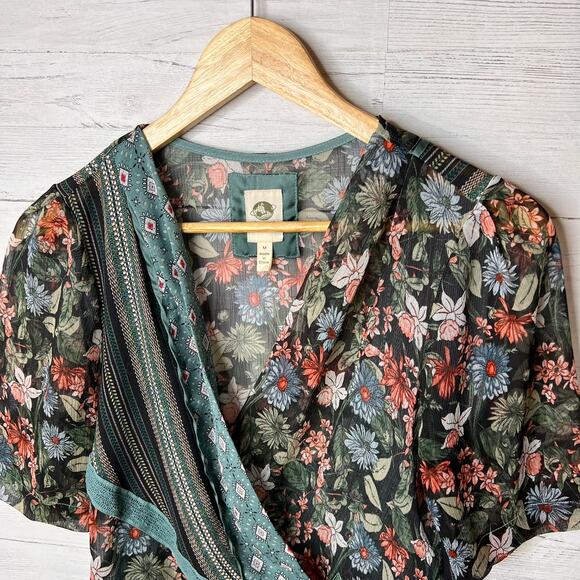 Anthropologie Tiny Blouse Womens Size Medium Teal Floral Geometric Sheer Wrap - Picture 9 of 16